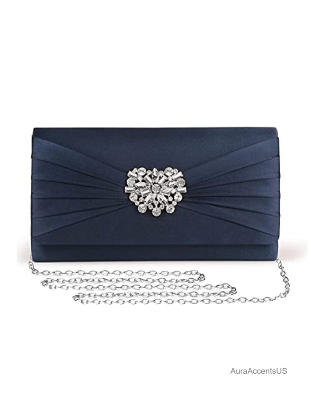 Pleated Satin Rhinestone Brooch Evening Clutch Detachable Chain Crossbody